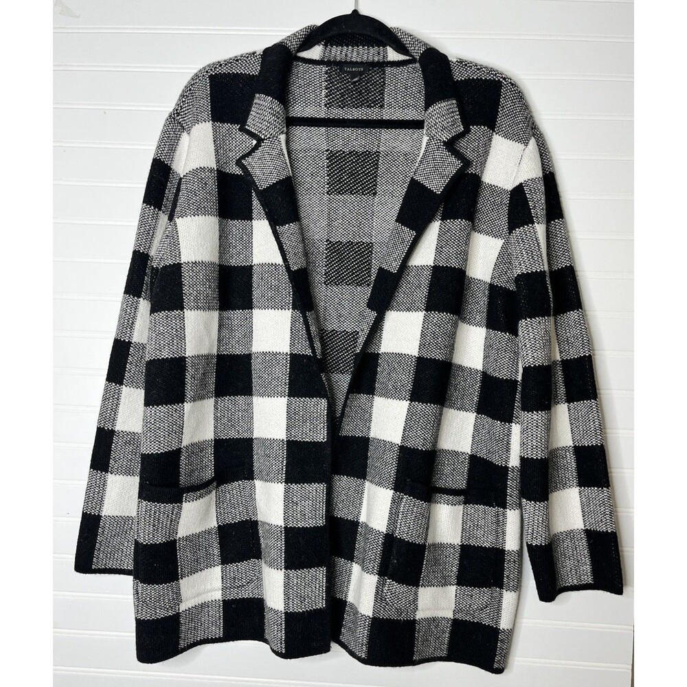 TALBOTS Knit Blazer Cardigan Women’s XLarge Black White Gingham Buffalo Pockets